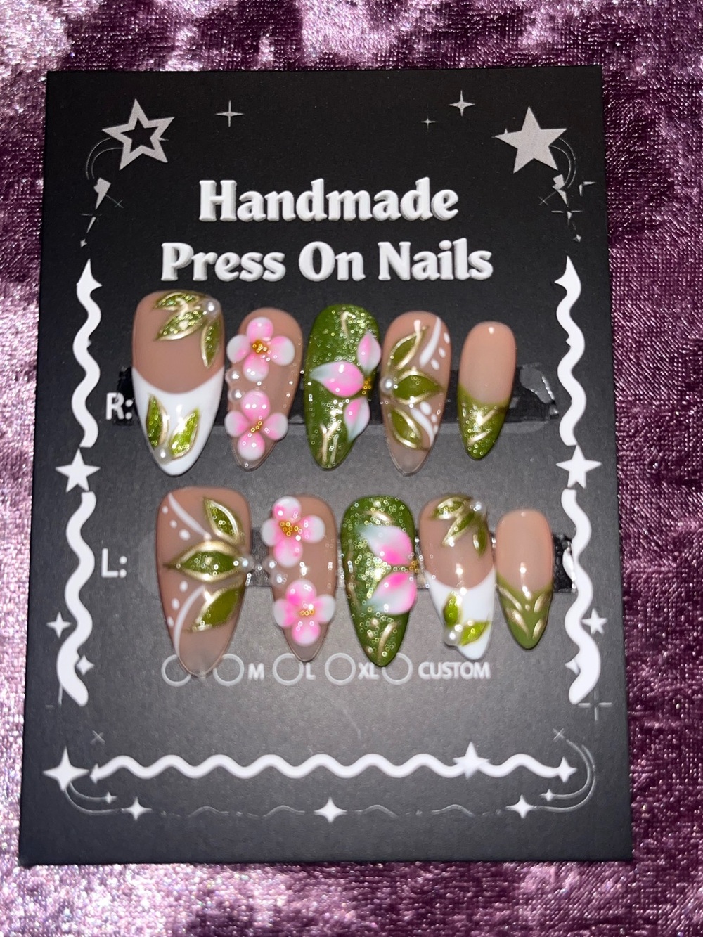 Handmade Press On Nails - Pink & Green Floral Design